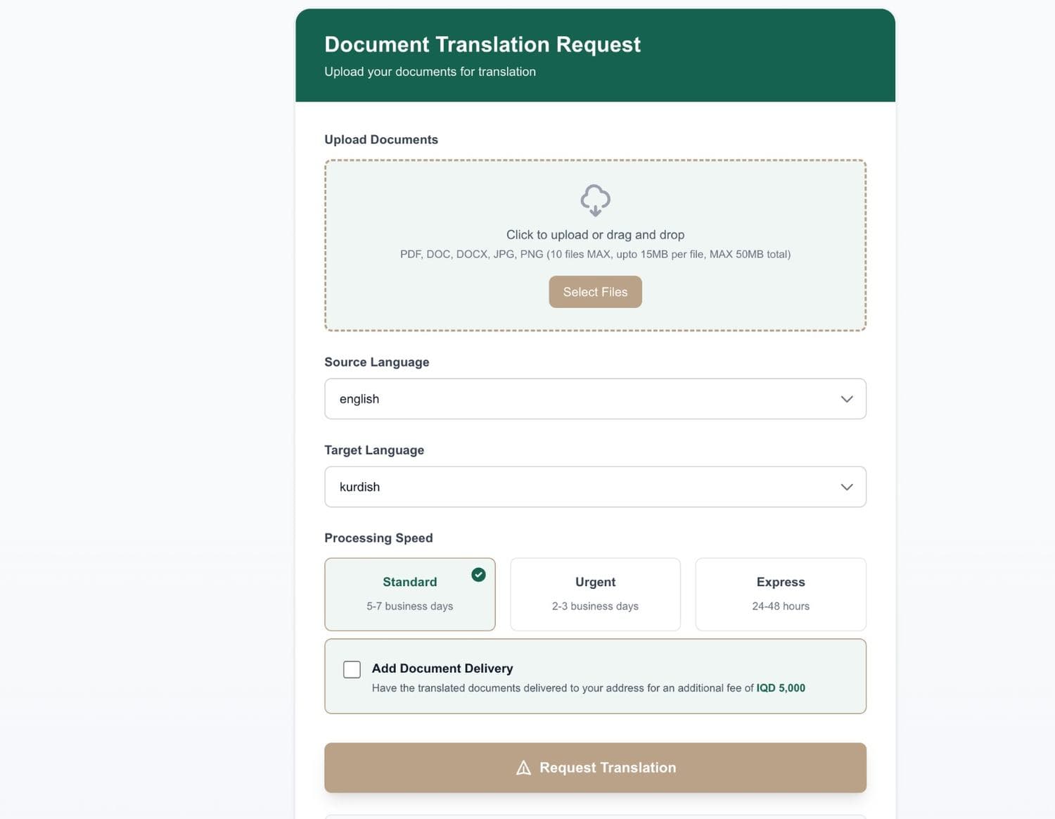 Document translation request form with file upload, language pair and turnaround options