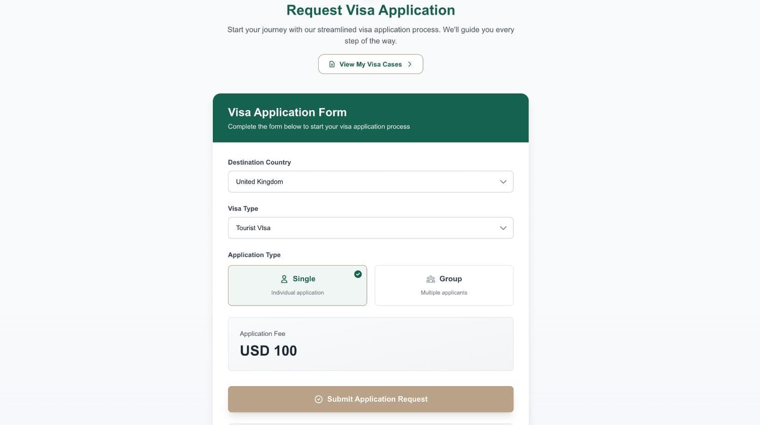 Visa application form with destination country, visa type, application type and fee