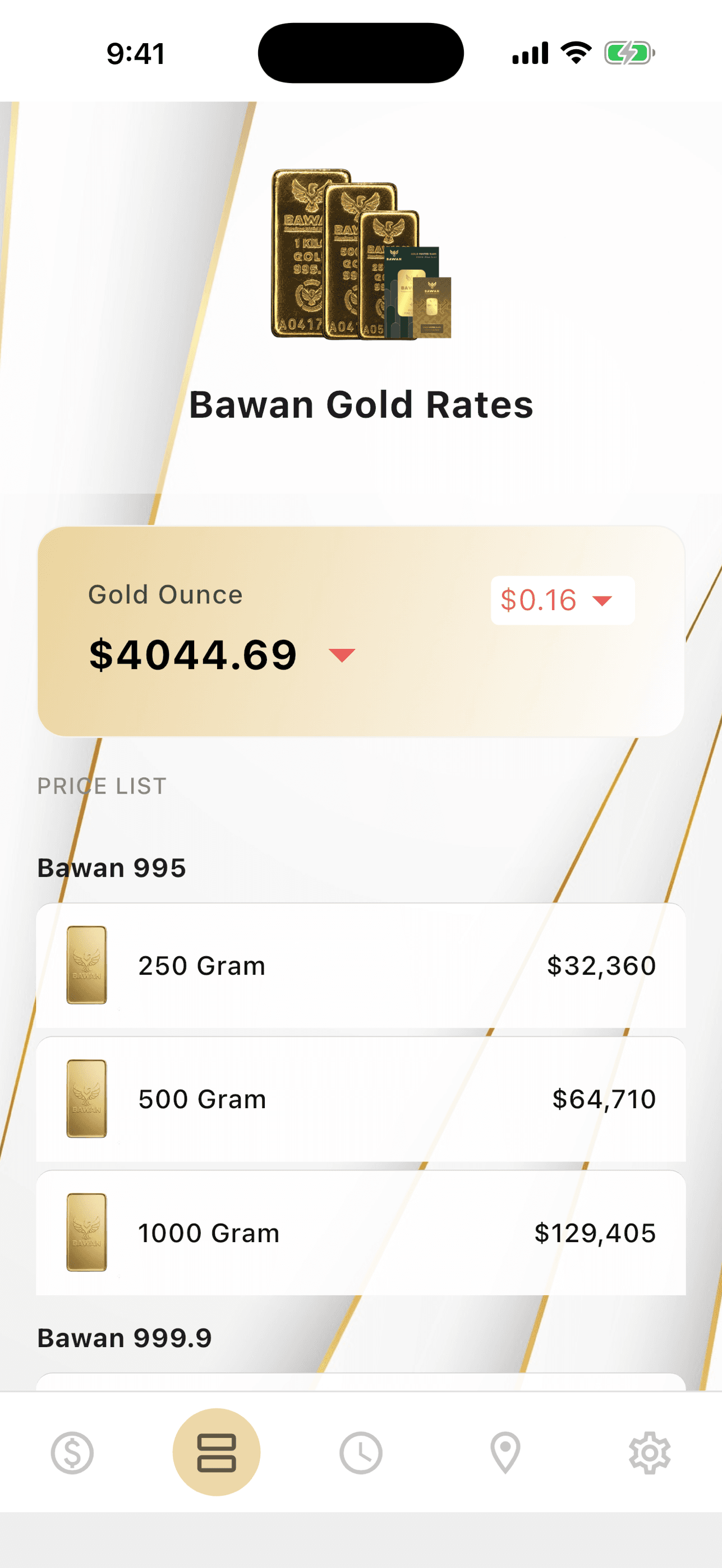 Bawan gold rates screen listing 995 bullion bars at 250, 500 and 1000 grams with prices
