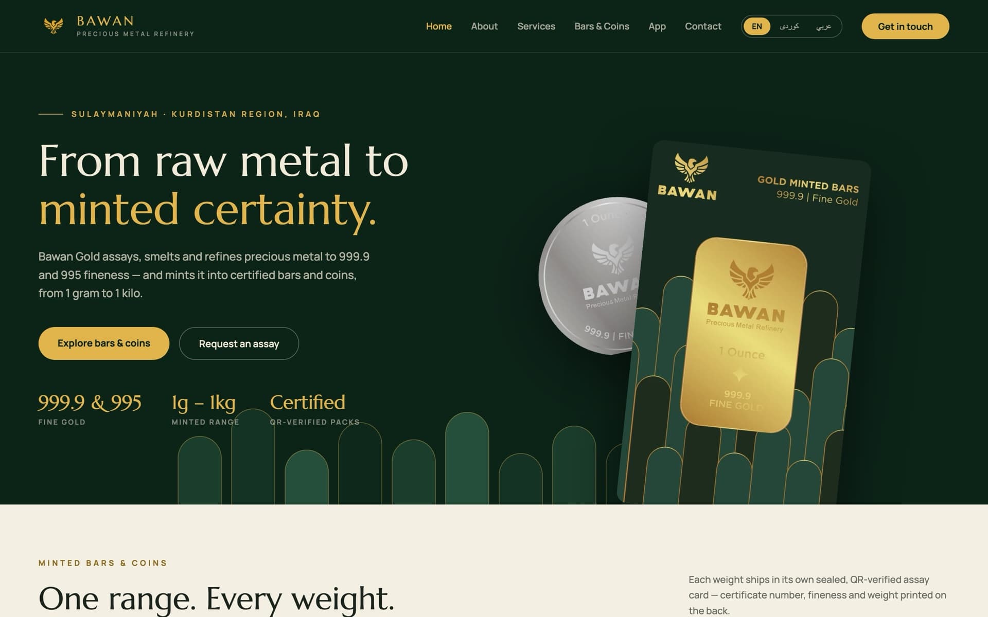 Bawan Gold website home page with the headline From raw metal to minted certainty, beside a Bawan gold bar in its assay card and a silver coin