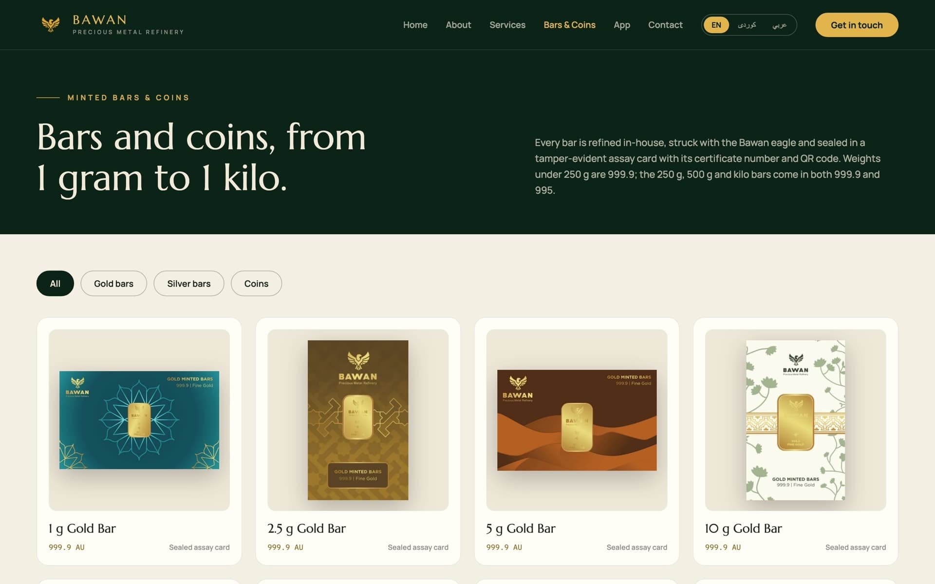 Bars and coins page with filters for all, gold bars, silver bars and coins above product cards for 1 g, 2.5 g, 5 g and 10 g gold bars
