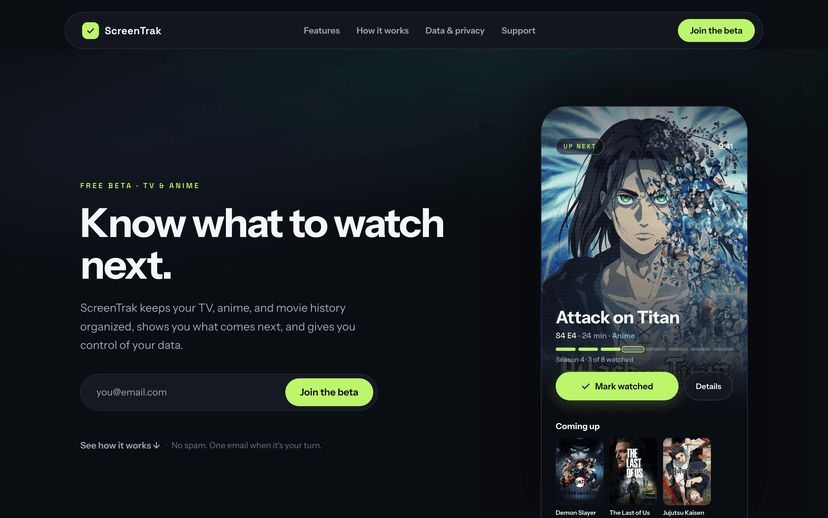 ScreenTrak, a TV and anime tracker that keeps your history yours